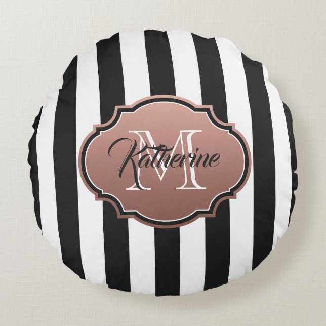Black and White Stripes Monogram Round Cushion (Front)