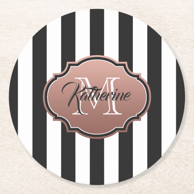 Black and White Stripes Monogram Round Paper Coaster (Front)