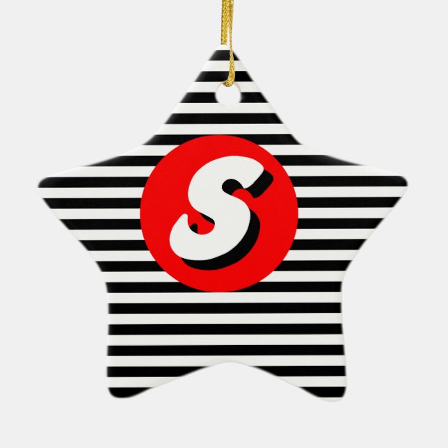 Black and white stripes Monogram S. Ceramic Tree Decoration (Back)