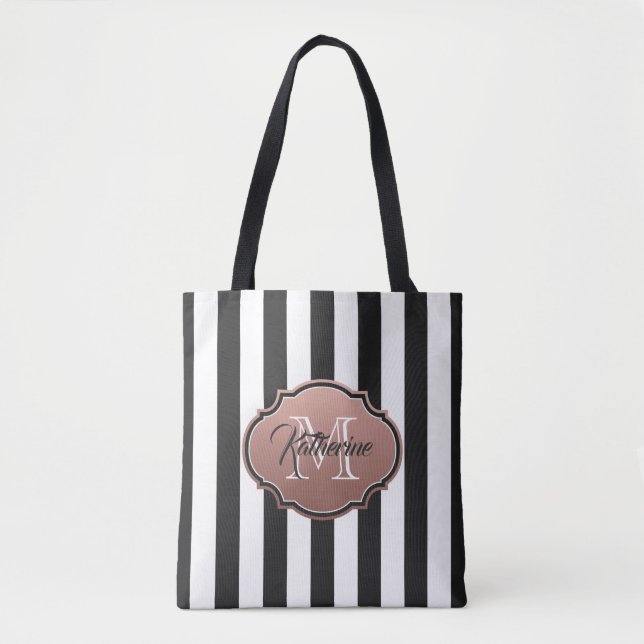 Black and White Stripes Monogram Tote Bag (Front)