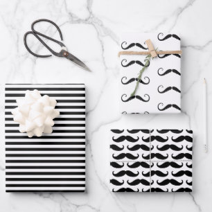 Black and White Stripes Moustaches Wrapping Paper Sheet