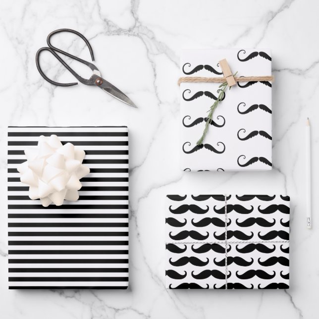 Black and White Stripes Moustaches Wrapping Paper Sheet (Front)