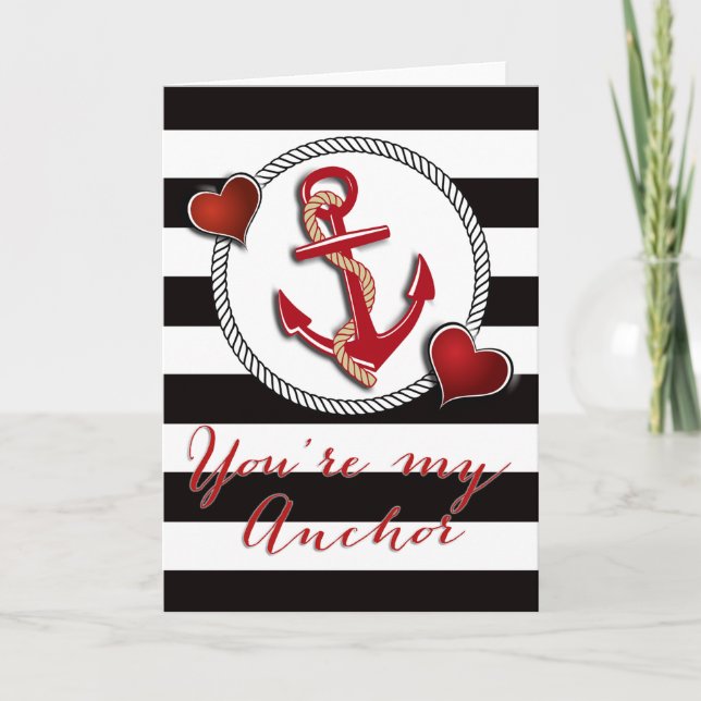 Black and White Stripes Nautical Anchor Valentine Holiday Card (Front)