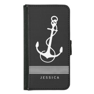 Black And White Stripes & Nautical Boat Anchor Samsung Galaxy S5 Wallet Case