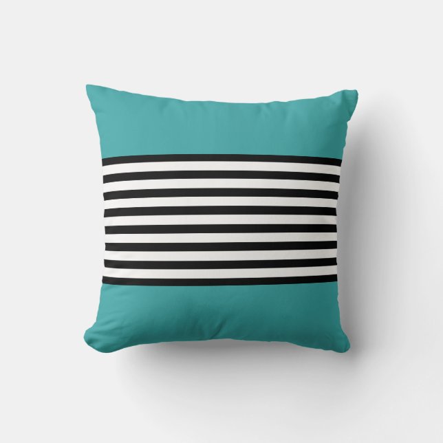 Black and White Stripes on Teal Throw Pillow (Front)
