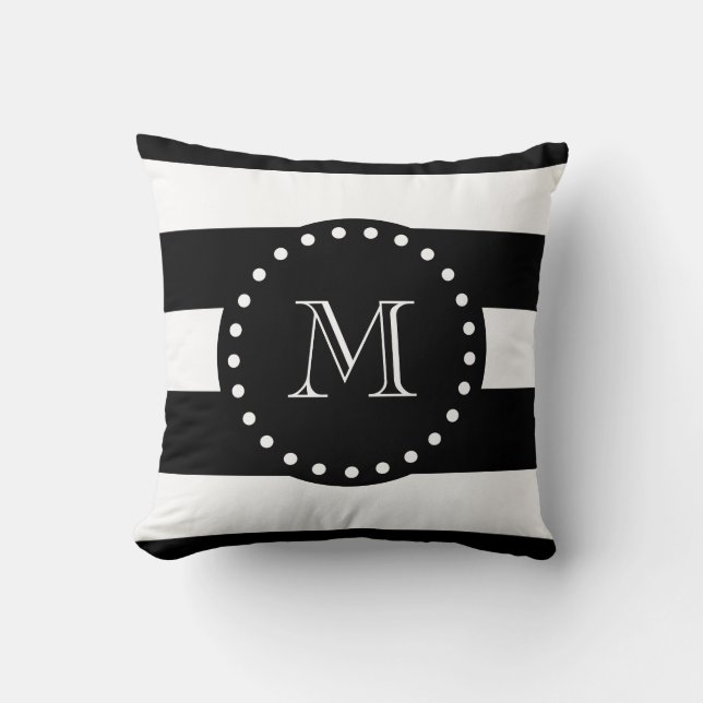 Black and White Stripes Pattern, Black Monogram Cushion (Front)