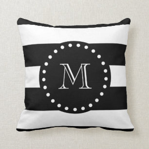 Black and White Stripes Pattern, Black Monogram Cushion