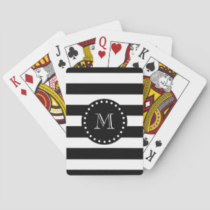 Black and White Stripes Pattern, Black Monogram Playing Cards