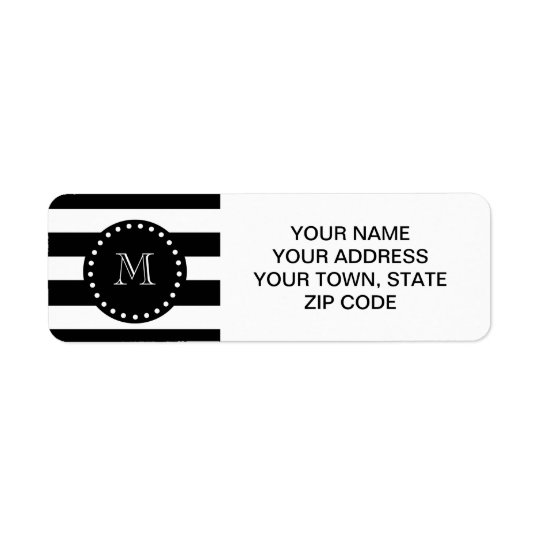 Black and White Stripes Pattern, Black Monogram Return Address Label