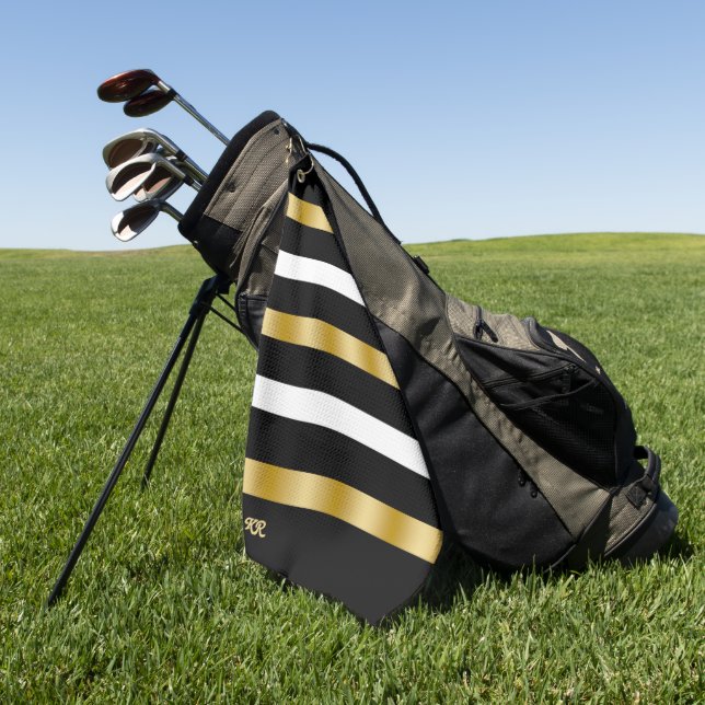Black and white stripes pattern gold accents 2 golf towel (Green)