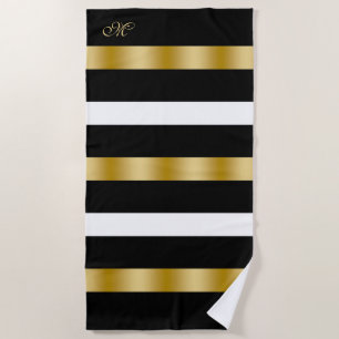 Black and white stripes pattern gold accents beach towel