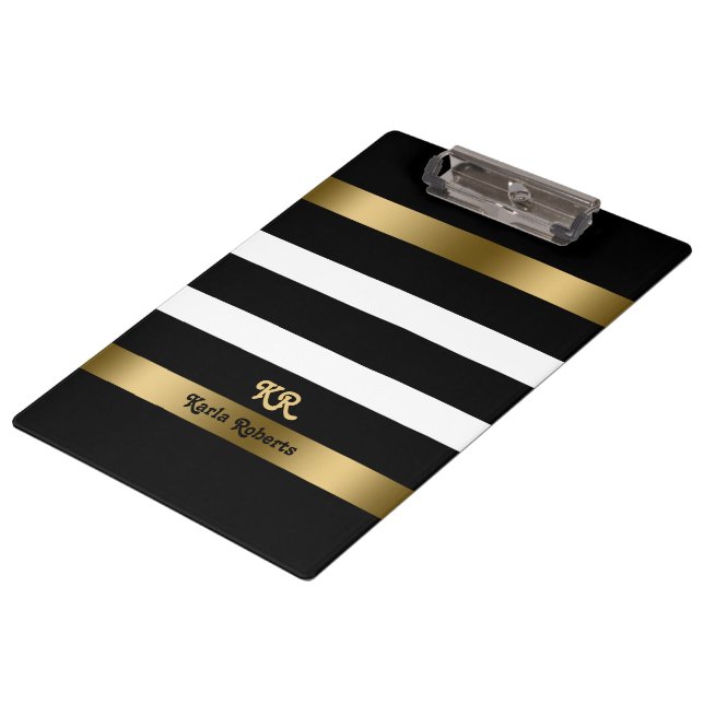 Black and white stripes pattern gold accents clipboard (Angled)