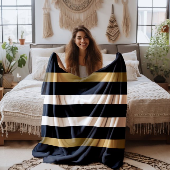 Black and white stripes pattern gold accents fleece blanket (Creator Uploaded)
