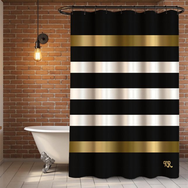 Black and white stripes pattern gold accents shower curtain (Creator Uploaded)