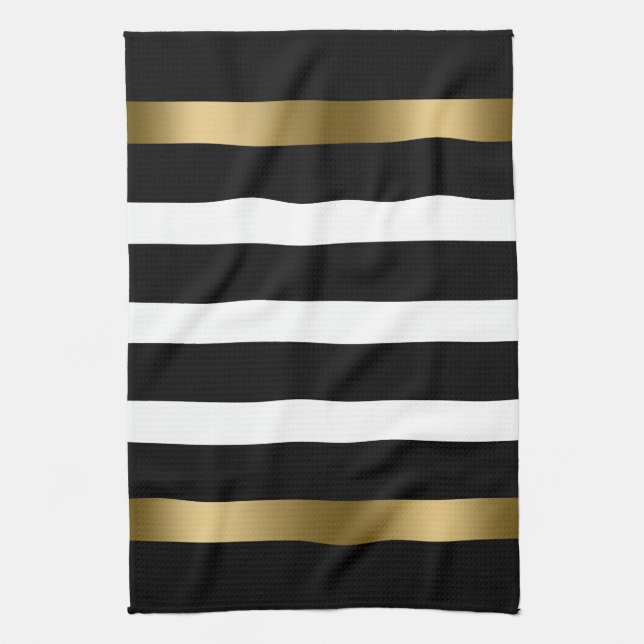 Black and white stripes pattern gold accents tea towel (Vertical)