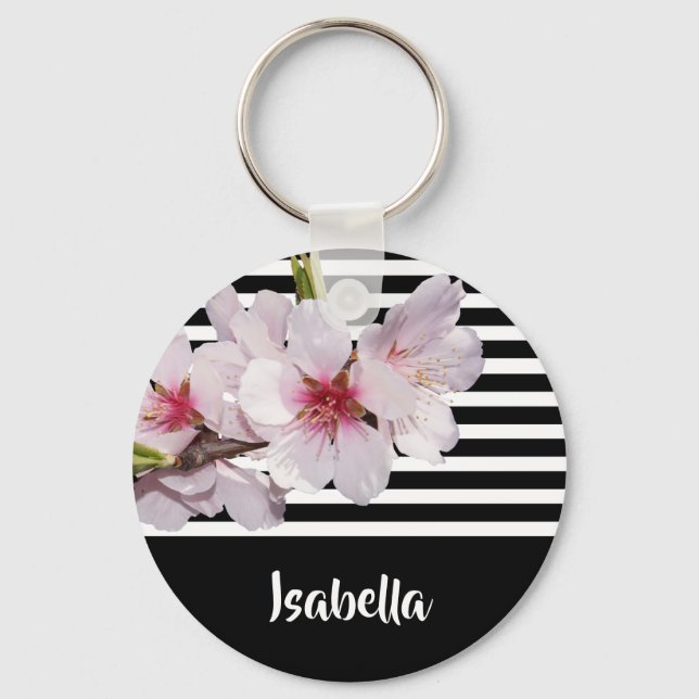 Black and white stripes pink cherry flowers name key ring (Front)