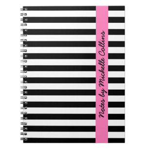 Black and white stripes pink personalised name notebook