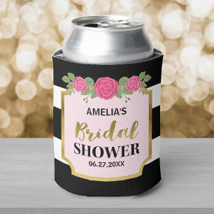Black and White Stripes Pink Roses Bridal Shower Can Cooler