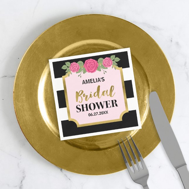 Black and White Stripes Pink Roses Bridal Shower Napkin (Creator Uploaded)