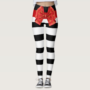 Black and White Stripes Red Bow Leggings