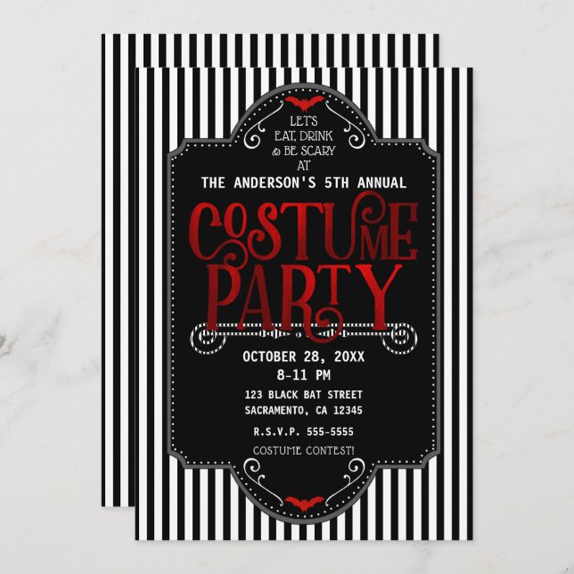 Black And White Stripes Red Gothic Costume Party Invitation (Front/Back)