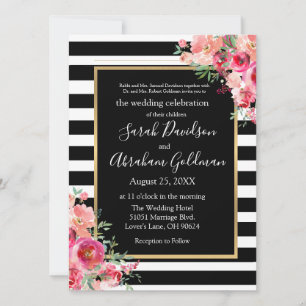 Black and White Stripes Roses Jewish Wedding Invitation