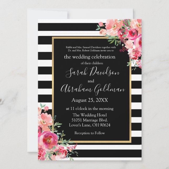 Black and White Stripes Roses Jewish Wedding Invitation (Front)