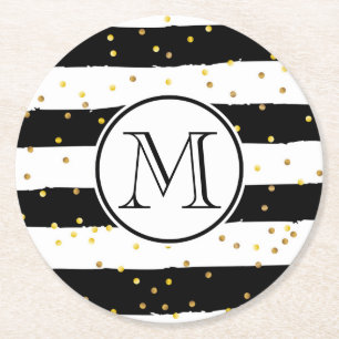 Black and White Stripes Round Paper Coaster
