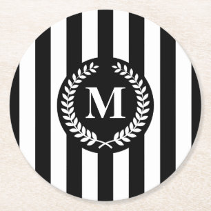 Black and White Stripes Round Paper Coaster