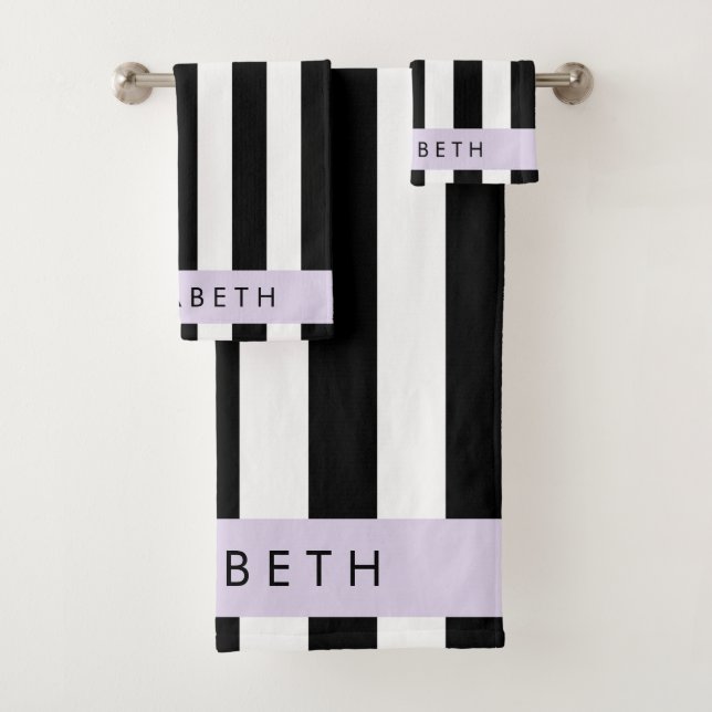 Black and White Stripes, Striped, Lines, Your Name Bath Towel Set (Insitu)