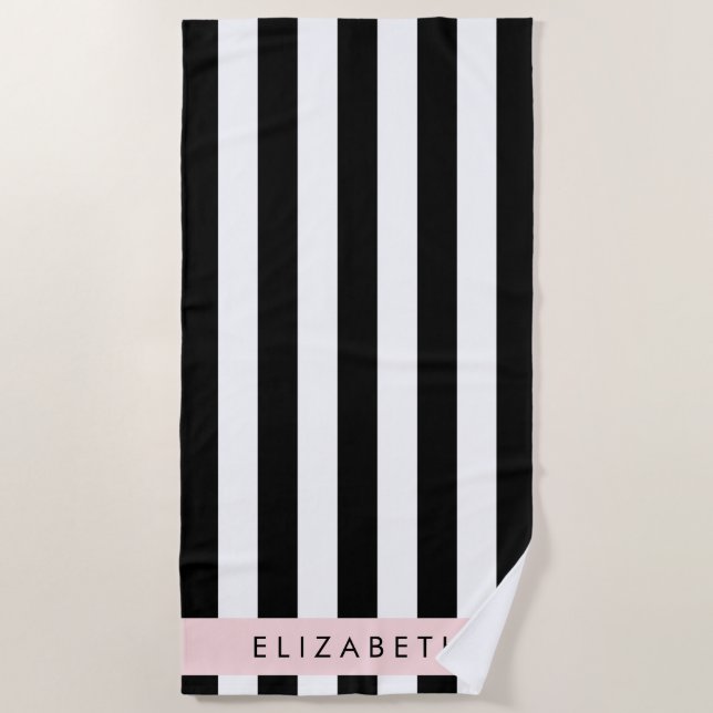 Black and White Stripes, Striped, Lines, Your Name Beach Towel (Front)
