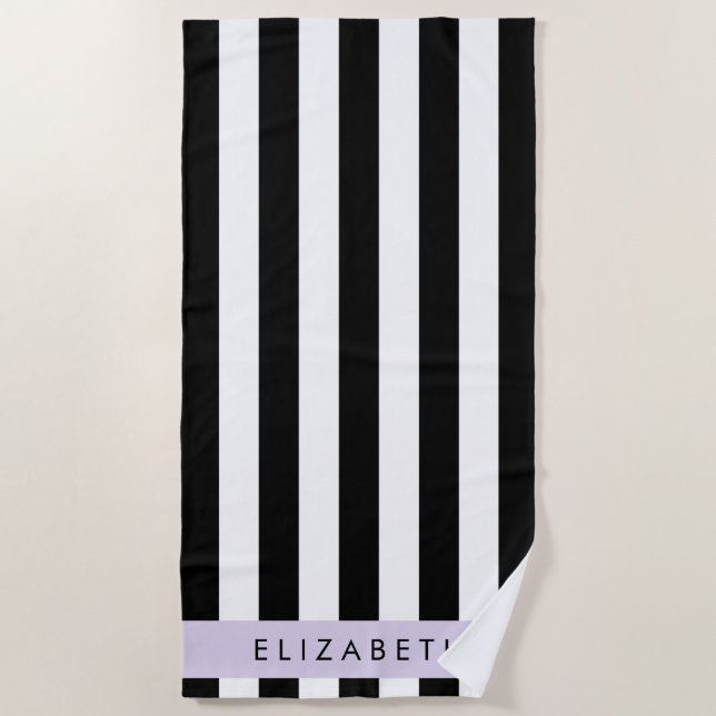 Black and White Stripes, Striped, Lines, Your Name Beach Towel (Front)