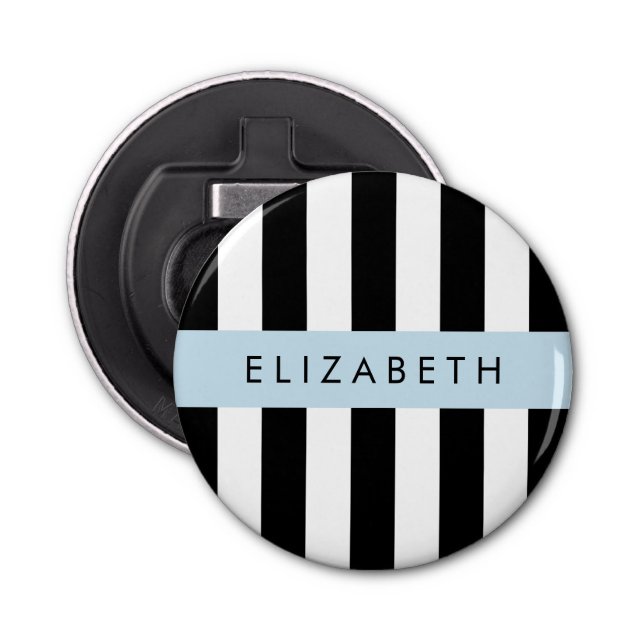 Black and White Stripes, Striped, Lines, Your Name Bottle Opener (Front)