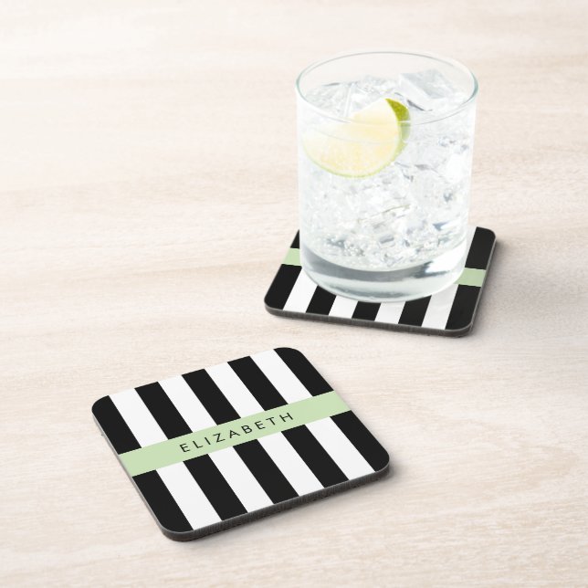 Black and White Stripes, Striped, Lines, Your Name Coaster (Right Side)