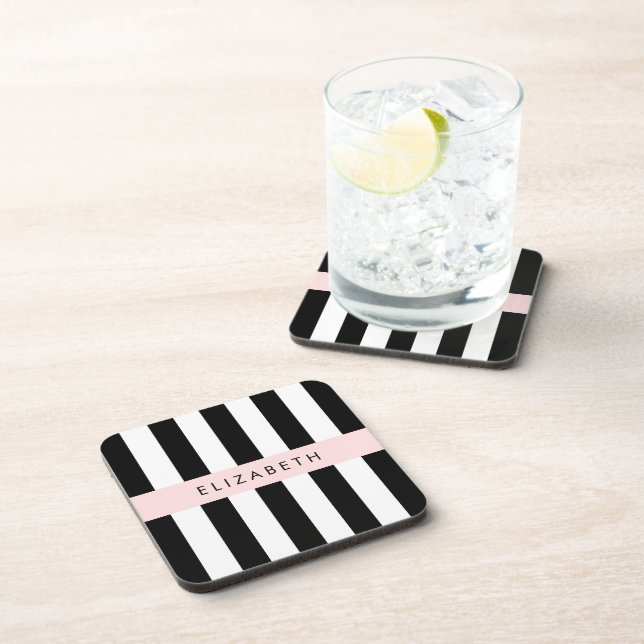 Black and White Stripes, Striped, Lines, Your Name Coaster (Right Side)