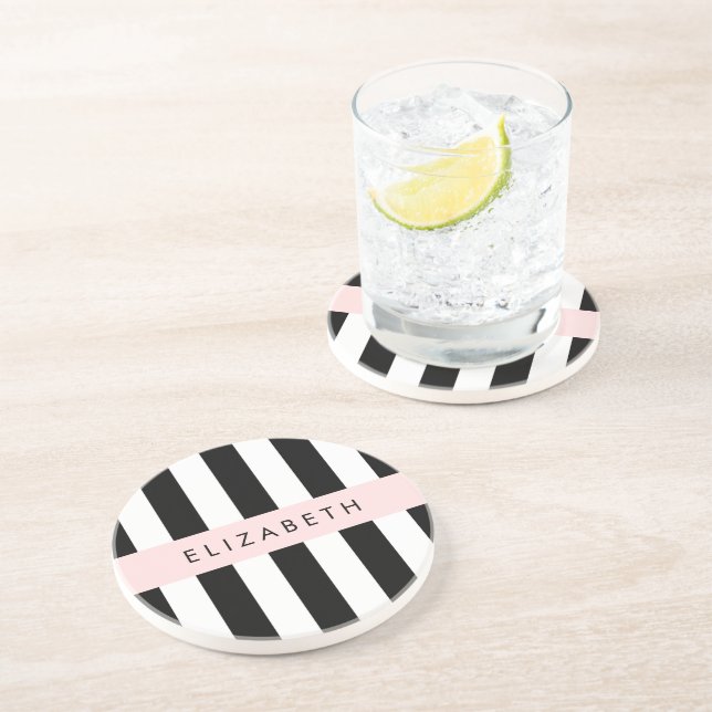 Black and White Stripes, Striped, Lines, Your Name Coaster (Side)