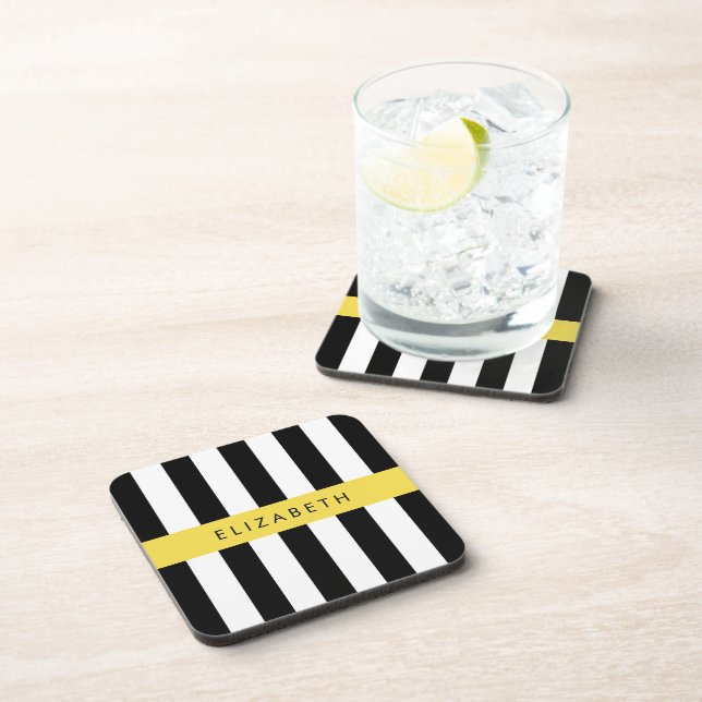Black and White Stripes, Striped, Lines, Your Name Coaster (Right Side)