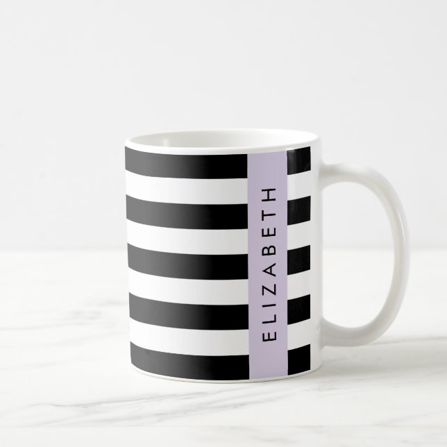 Black and White Stripes, Striped, Lines, Your Name Coffee Mug (Right)