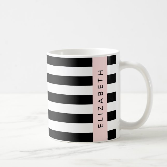 Black and White Stripes, Striped, Lines, Your Name Coffee Mug (Right)