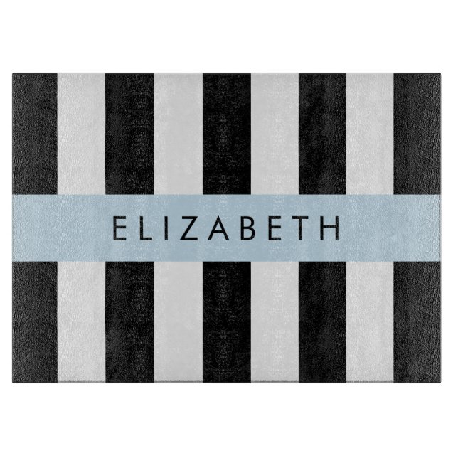 Black and White Stripes, Striped, Lines, Your Name Cutting Board (Front)