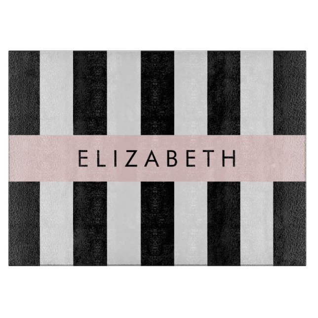 Black and White Stripes, Striped, Lines, Your Name Cutting Board (Front)
