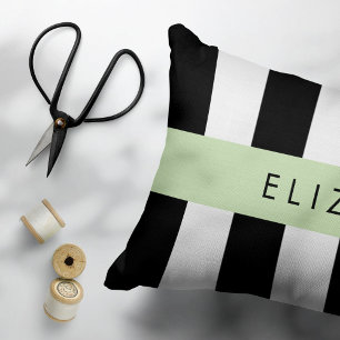 Black and White Stripes, Striped, Lines, Your Name Decorative Cushion