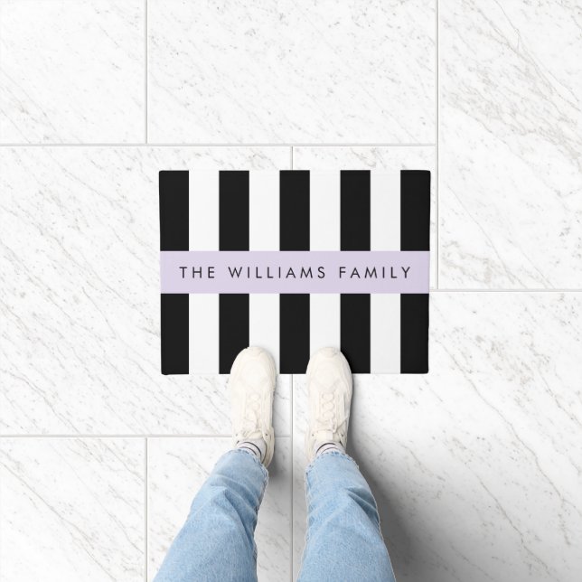 Black and White Stripes, Striped, Lines, Your Name Doormat (Indoor)