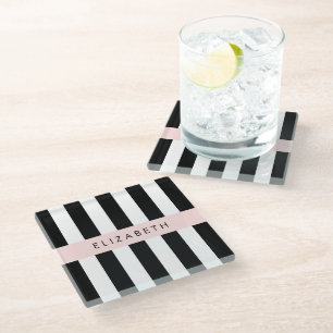 Black and White Stripes, Striped, Lines, Your Name Glass Coaster
