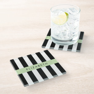 Black and White Stripes, Striped, Lines, Your Name Glass Coaster