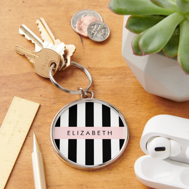 Black and White Stripes, Striped, Lines, Your Name Key Ring (Desk)