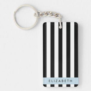 Black and White Stripes, Striped, Lines, Your Name Key Ring