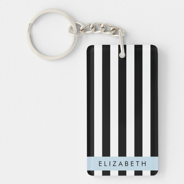 Black and White Stripes, Striped, Lines, Your Name Key Ring (Front)