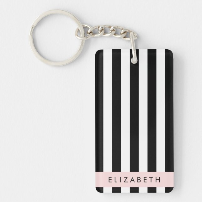 Black and White Stripes, Striped, Lines, Your Name Key Ring (Front)