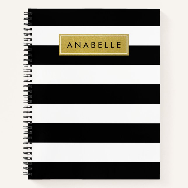 Black and White Stripes, Striped, Lines, Your Name Notebook (Front)